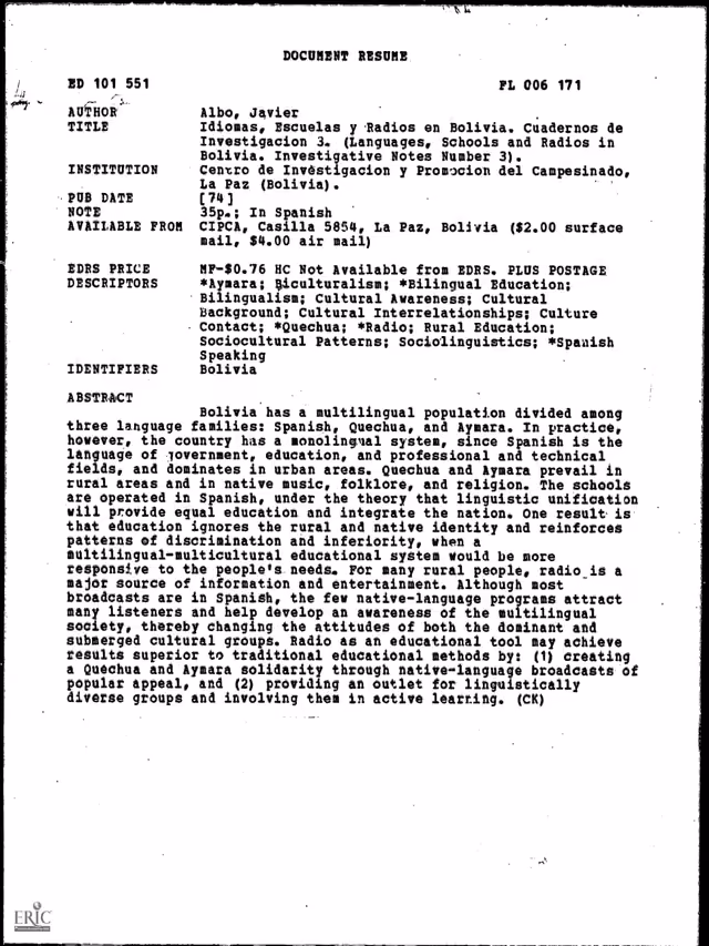 Languages, Schools and Radios in Bolivia (Investigative Notes No. 3)