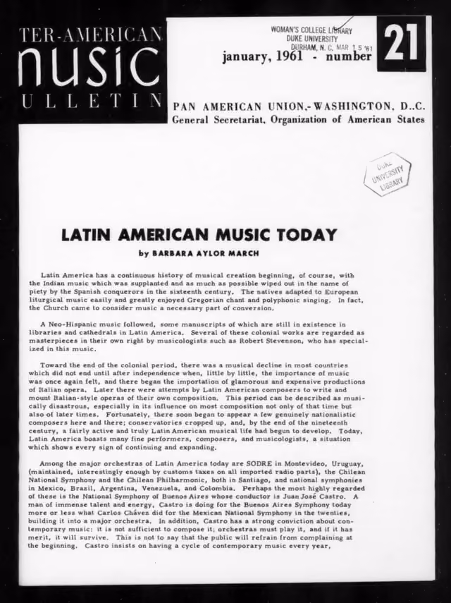 Inter-American Music Bulletin, no. 21 (January 1961)