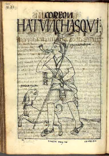 Guaman Poma, p. 825: Un mensajero quechua (chasqui) con bastón y un perro sopla un cuerno largo; la…