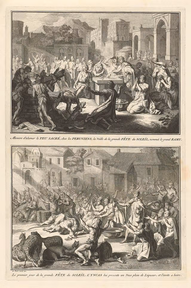 Religious ceremonies of Peruvian Indians (engraving, 1722)