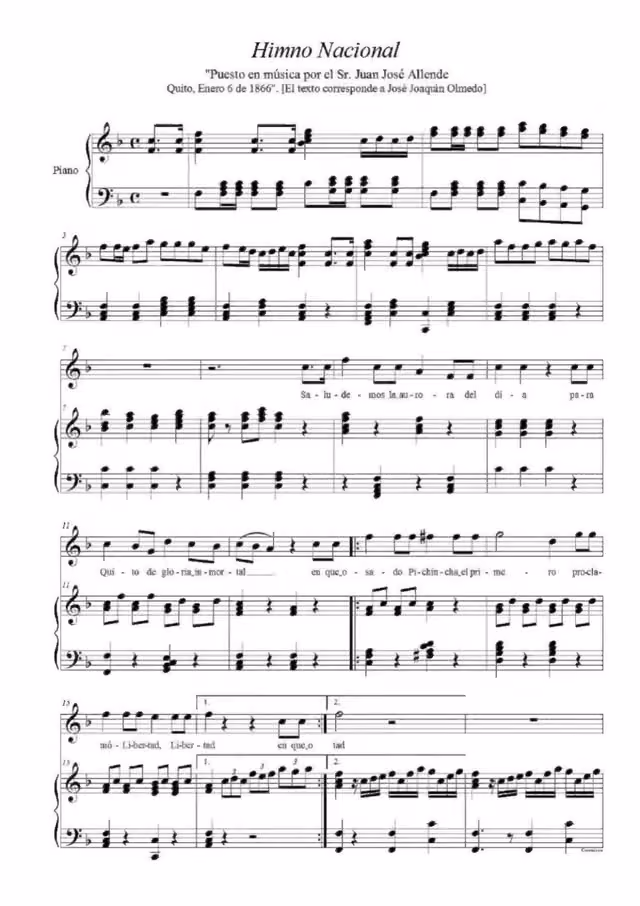 Ecuadorian National Anthem (Juan José Allende proposal, 1866) — Page 1