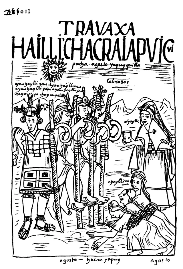 August: Hailli chacra iapuicui, from Guamán Poma's Nueva corónica