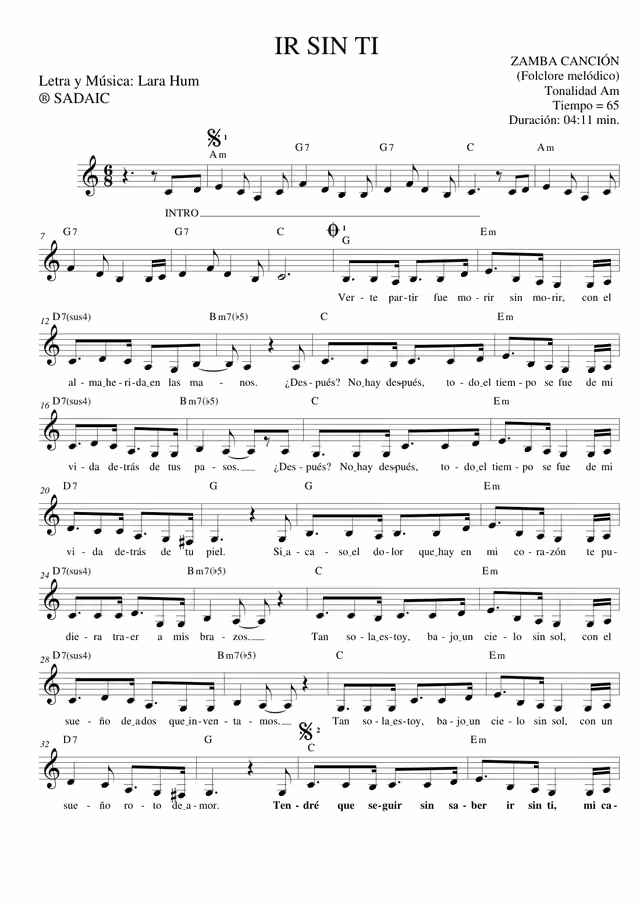 Ir sin ti (partitura de zamba) — Página 1