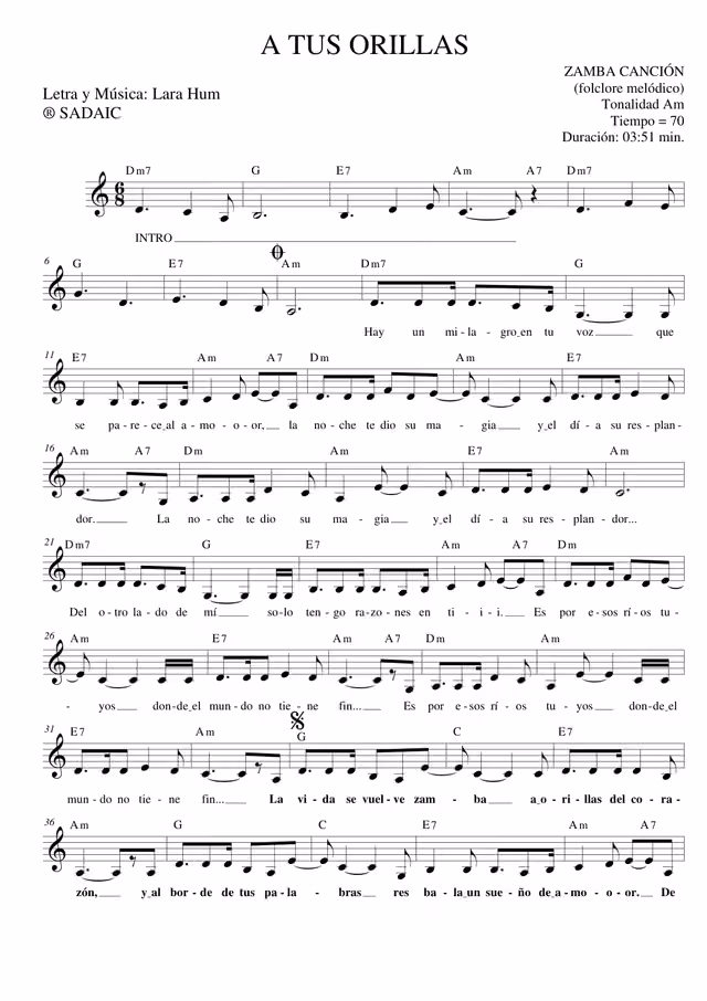 A tus orillas (zamba score)