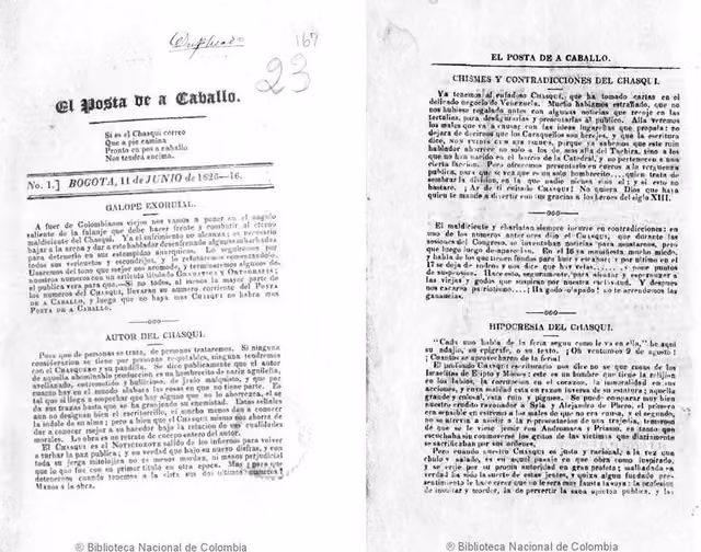 Periódico colombiano de 1826 sobre el chasqui inca