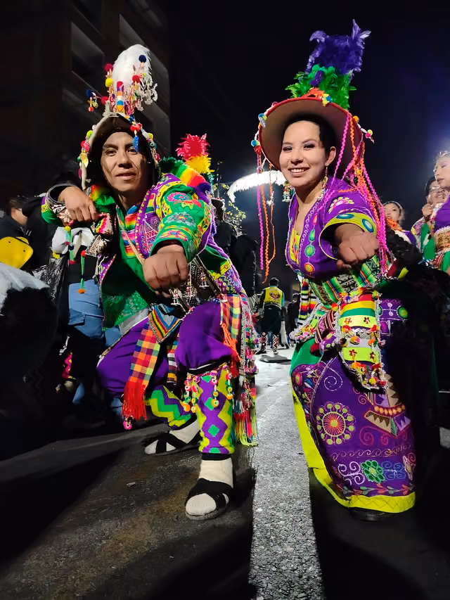 Tinku dancers' costumes at the UMSA university entrada