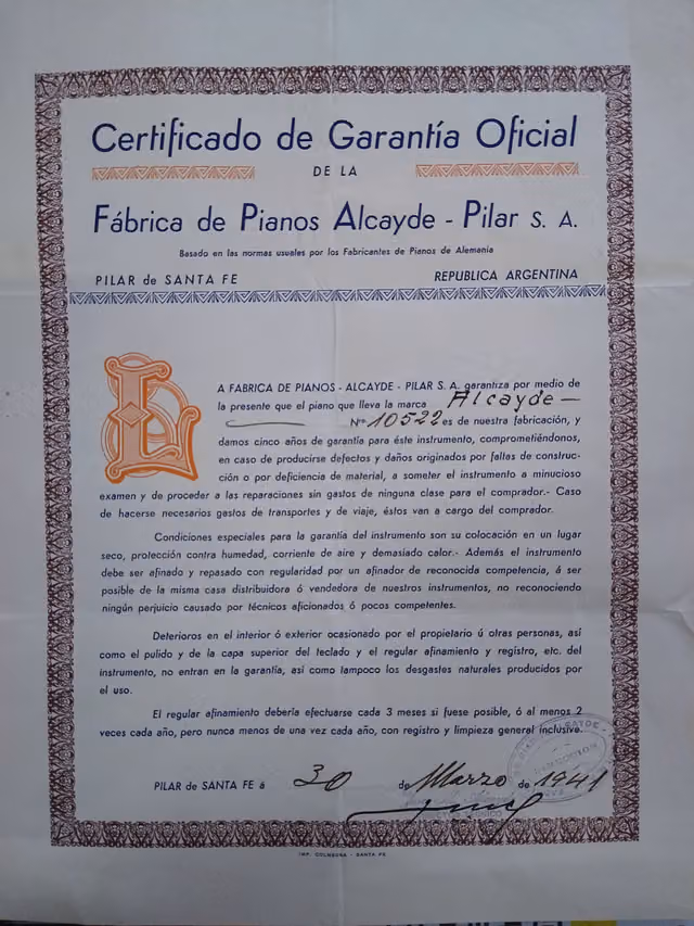 Piano work certificate, ZinnaPianos & Armonios