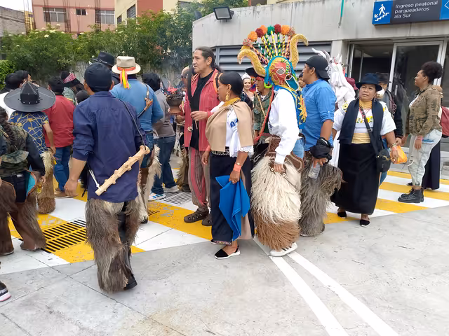Indigenous people dance at Inti Raymi in the UASB yard, Quito