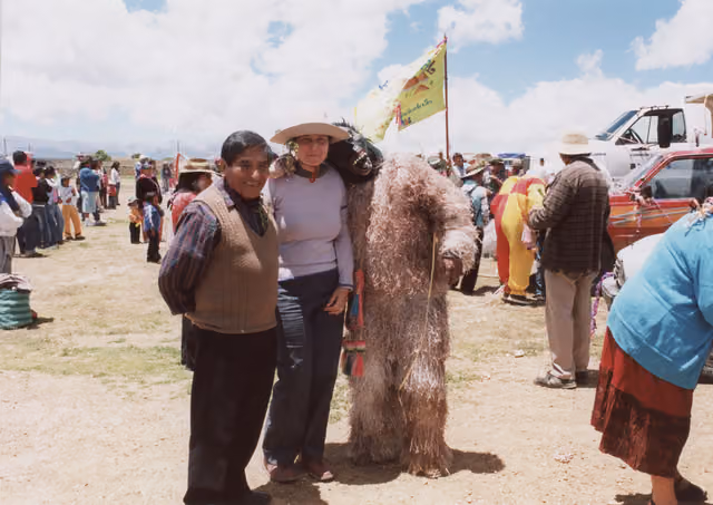 Juan de Dios Yapita and Lucila Bugallo with a wolf-man costume (c. 2008)