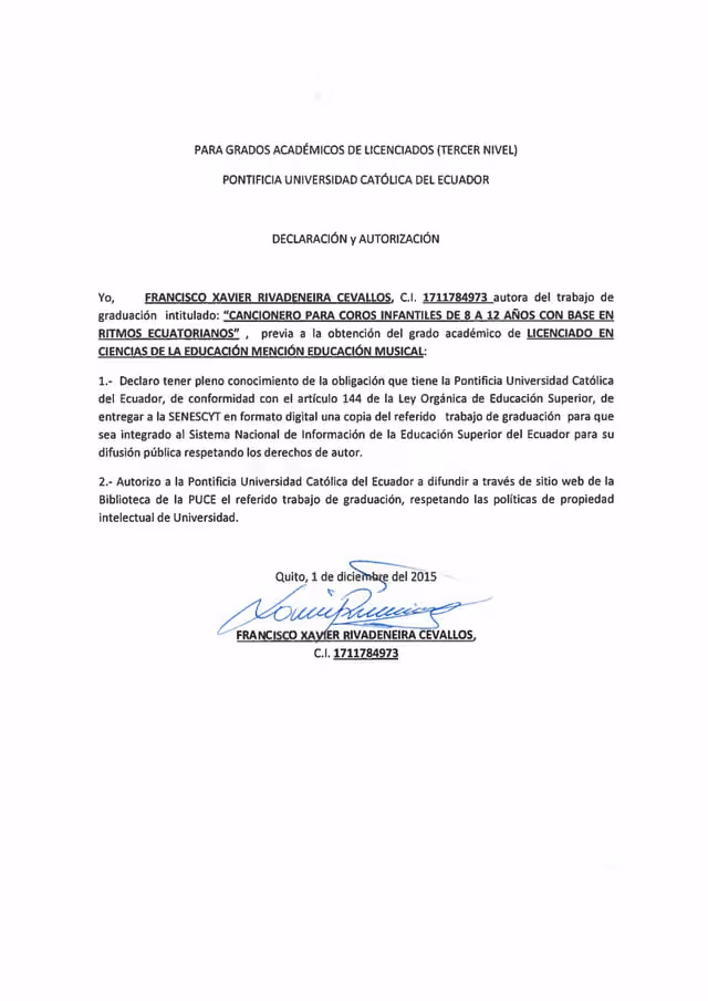 Cancionero para coros infantiles de 8 a 12 años con base en ritmos ecuatorianos