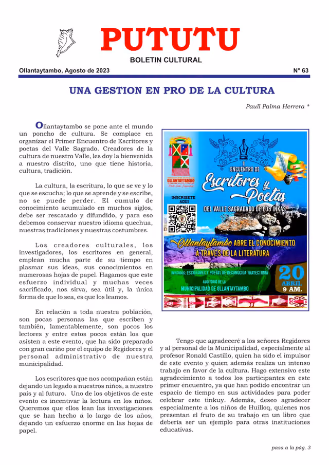 Boletín cultural Pututu, número 63