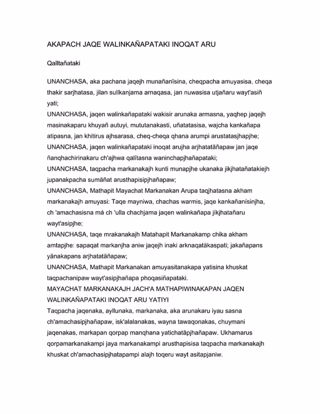 Akapach jaqe walinkañapataki inoqat aru qalltañataki