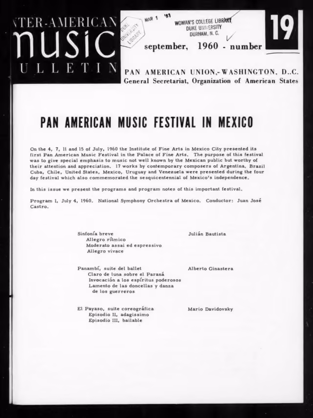 Inter-American Music Bulletin, n.º 19 (septiembre de 1960)