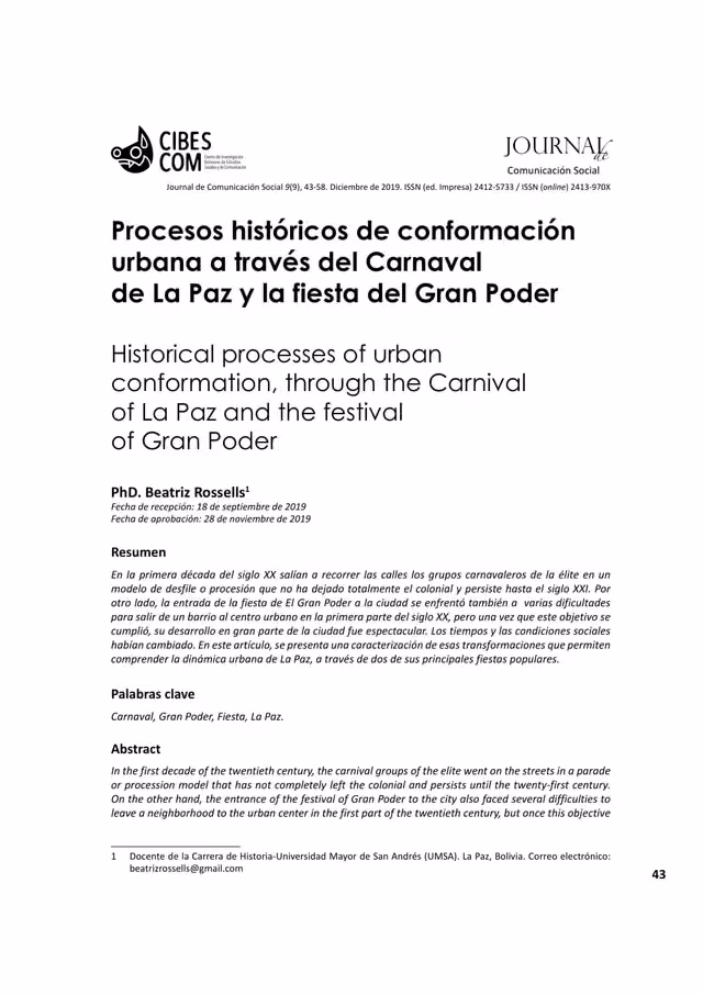 Historical processes of urban formation through La Paz carnival and the Gran Poder festival