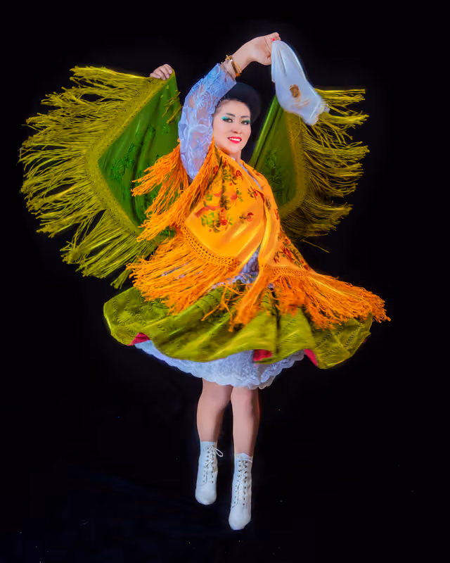 The cholita in mid-flight, Marinera and Pandilla Puneña dance
