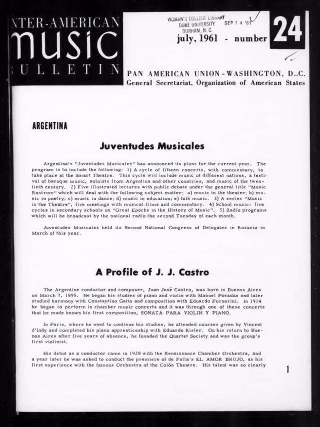 Boletín Interamericano de Música, no. 24 (julio 1961)
