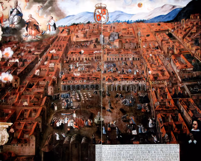 17th-century painting: Cusco and the Lord of the Earthquakes procession after the 1650 earthquake