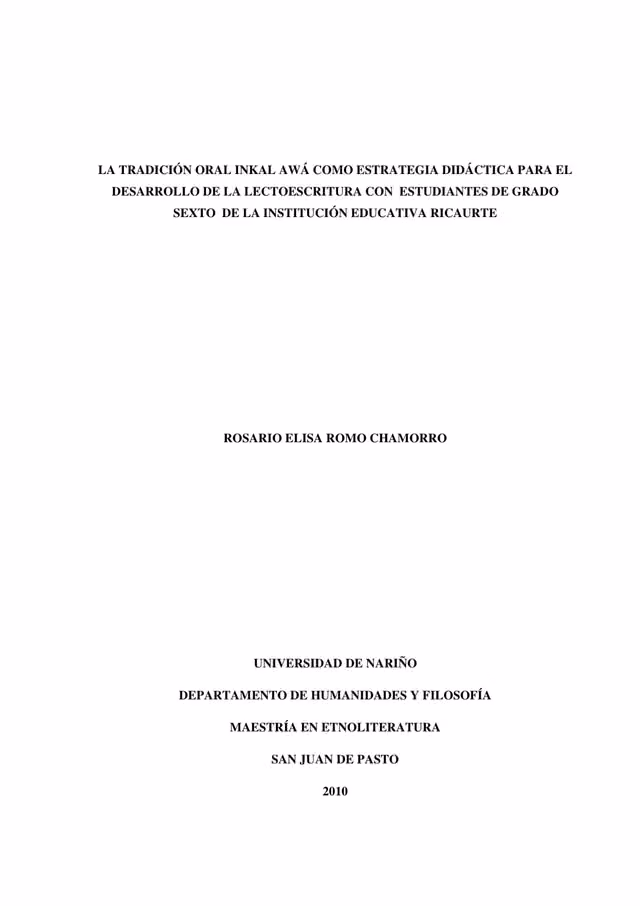 La tradición oral Inkal Awá como estrategia didáctica para la lectoescritura