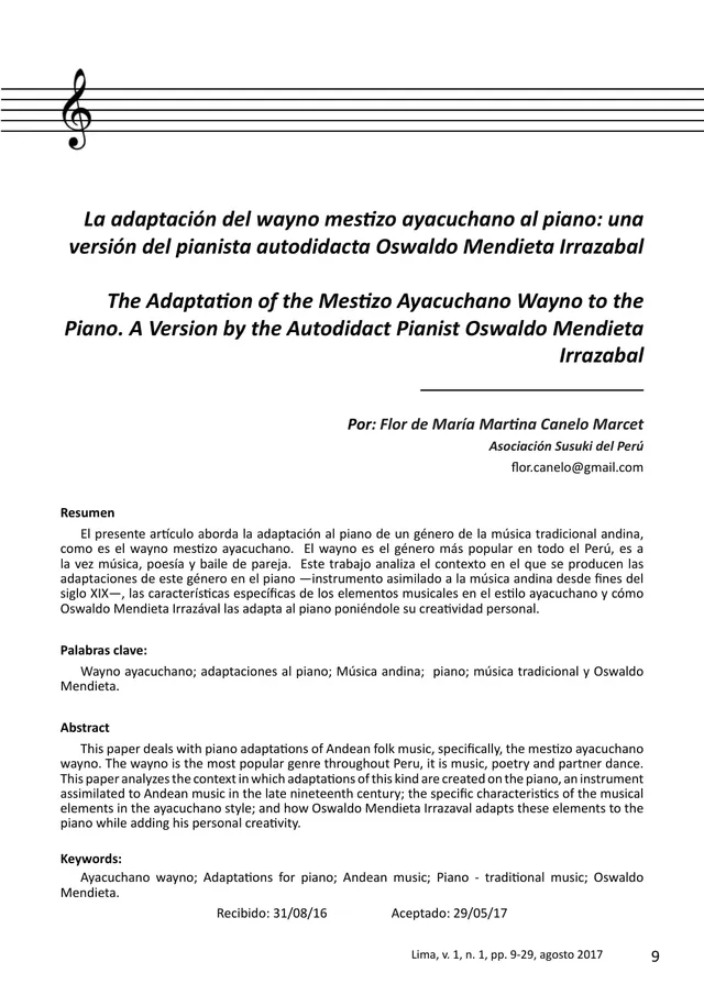 La adaptación del wayno mestizo ayacuchano al piano: una versión del pianista autodidacta Oswaldo Mendieta Irrazabal