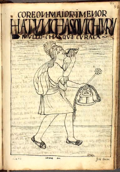 Guaman Poma, p. 352: Un chasqui (mensajero real) sopla una trompeta de caracola (pututu) para dar…
