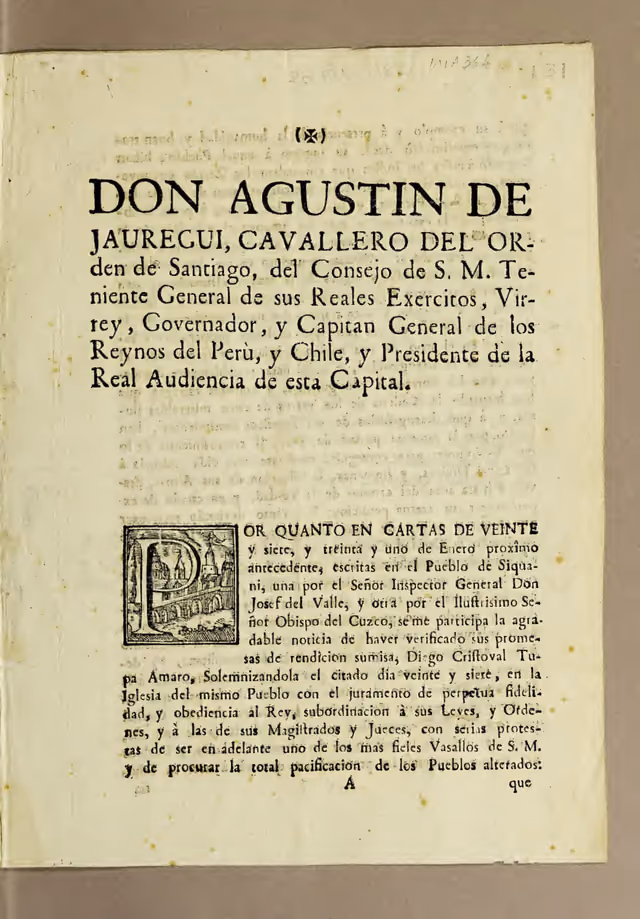 Don Agustín de Jáuregui, Viceroy of Peru: document on the surrender of Diego Cristóbal Túpac Amaru (1782)
