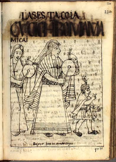 Guaman Poma, p. 130: Una mujer con manto a rayas sostiene dos tambores de mano; a su lado hay un niño…